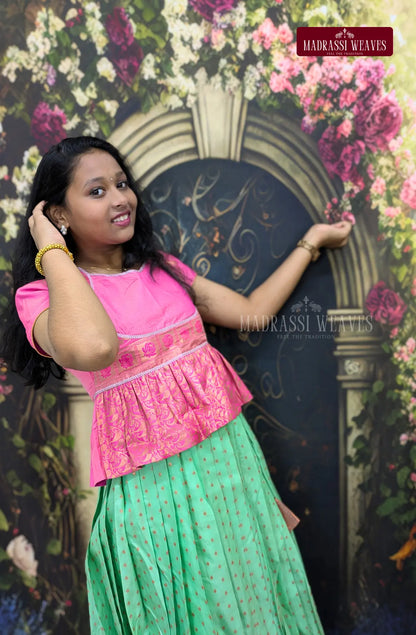 Trendy Functional Wear Fusion Silk pattu Pawada Set - Rexona with Pink