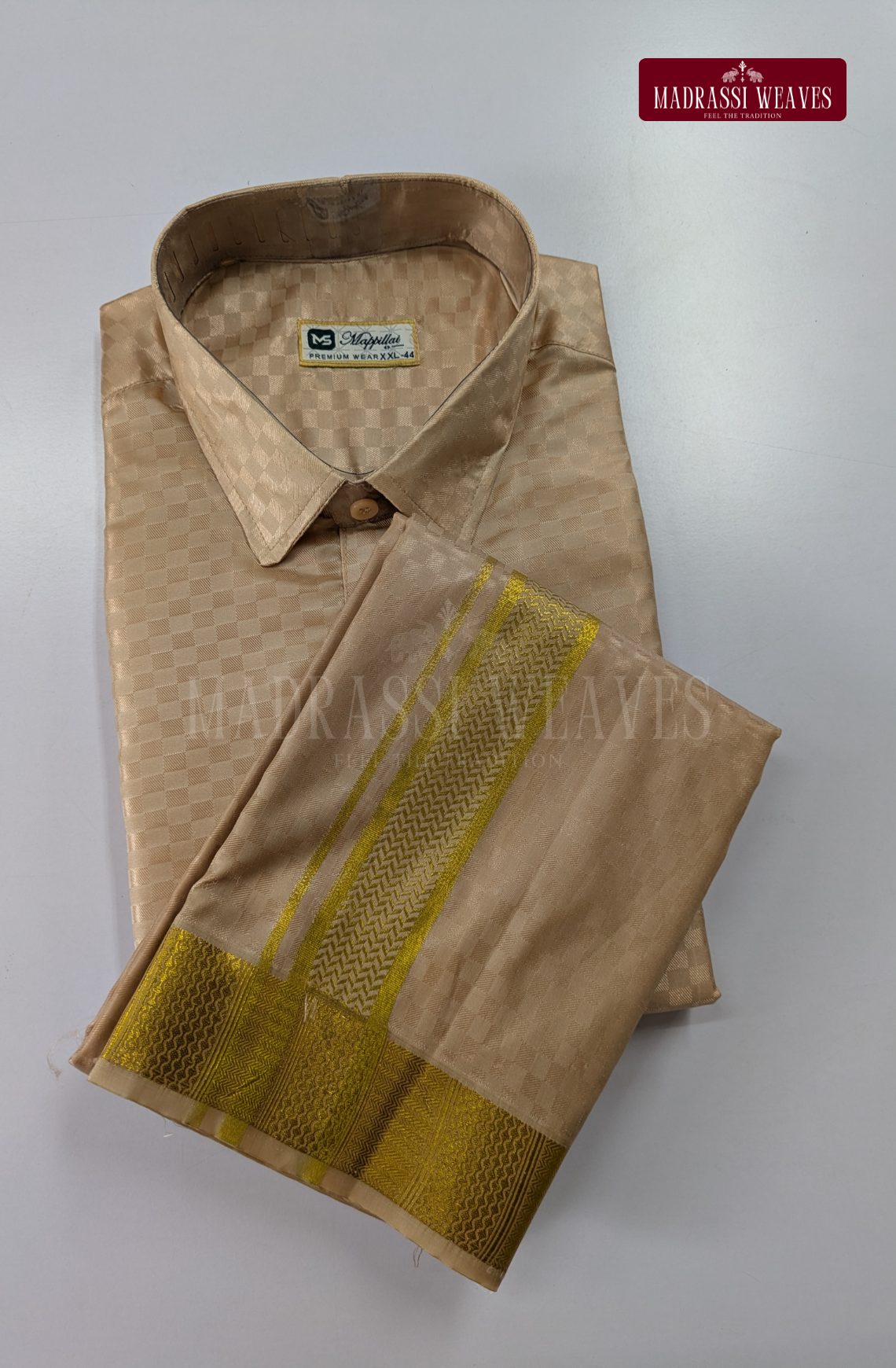 Textured Weave Japan Silk Dhoti Set - Sand Stone