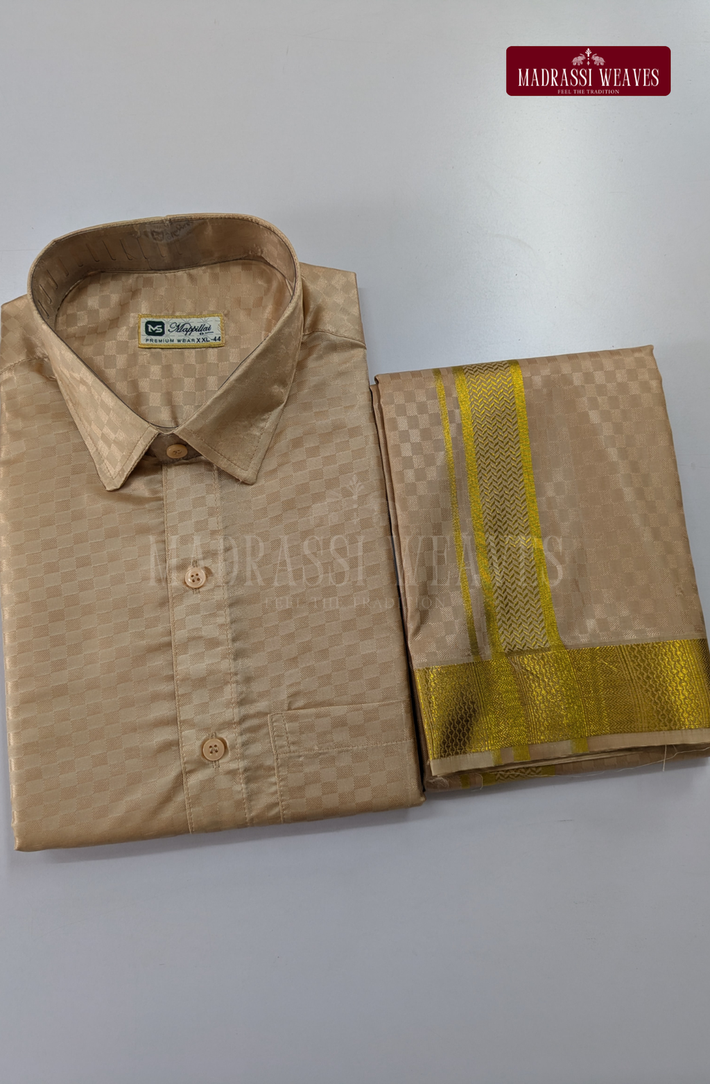 Textured Weave Japan Silk Dhoti Set - Sand Stone