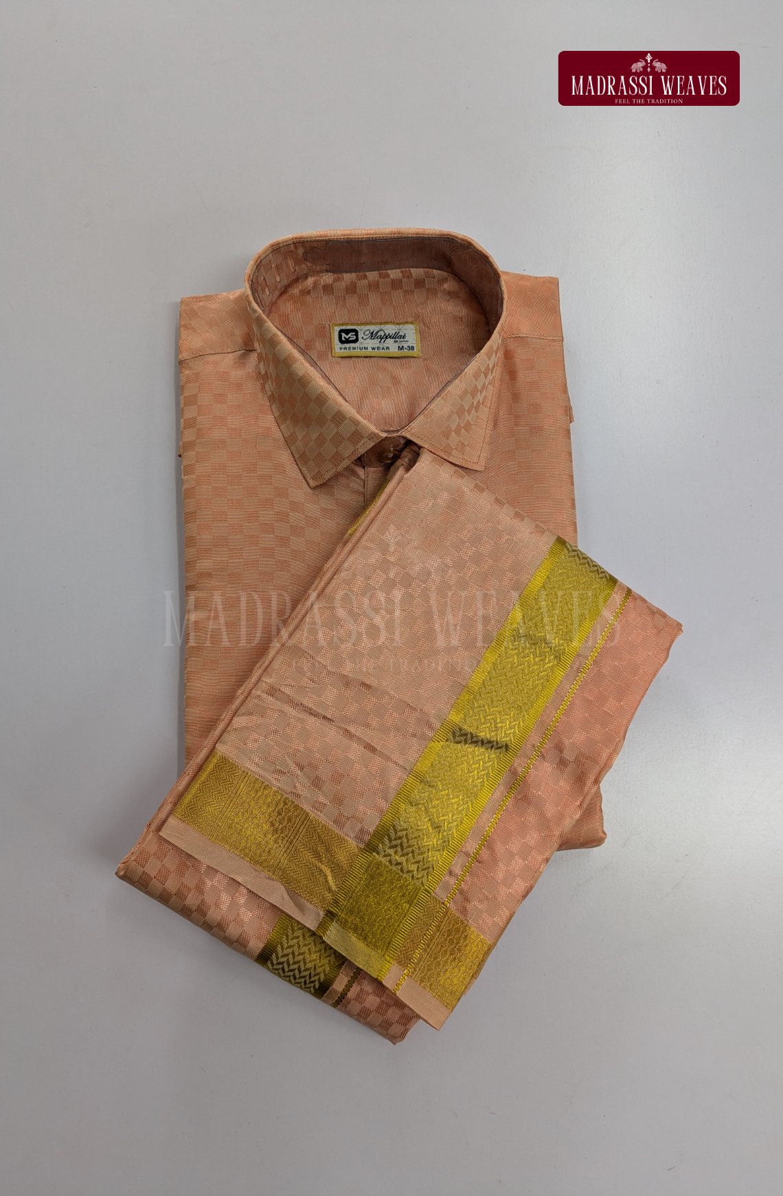 Textured Weave Japan Silk Dhoti Set - Copper
