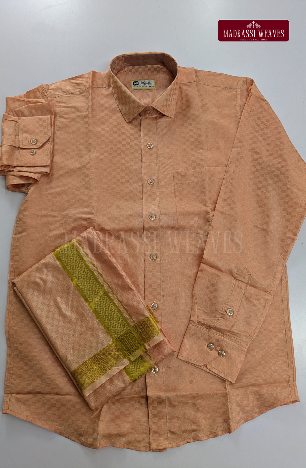 Textured Weave Japan Silk Dhoti Set - Copper