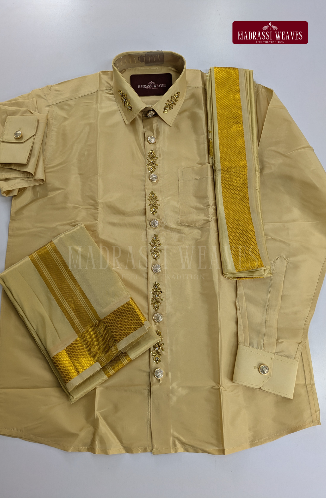 Luxury Aari Work Wedding Silk Dhoti Set 4 (HandCrafted) -(DESPATCH TIME 15 DAYS)