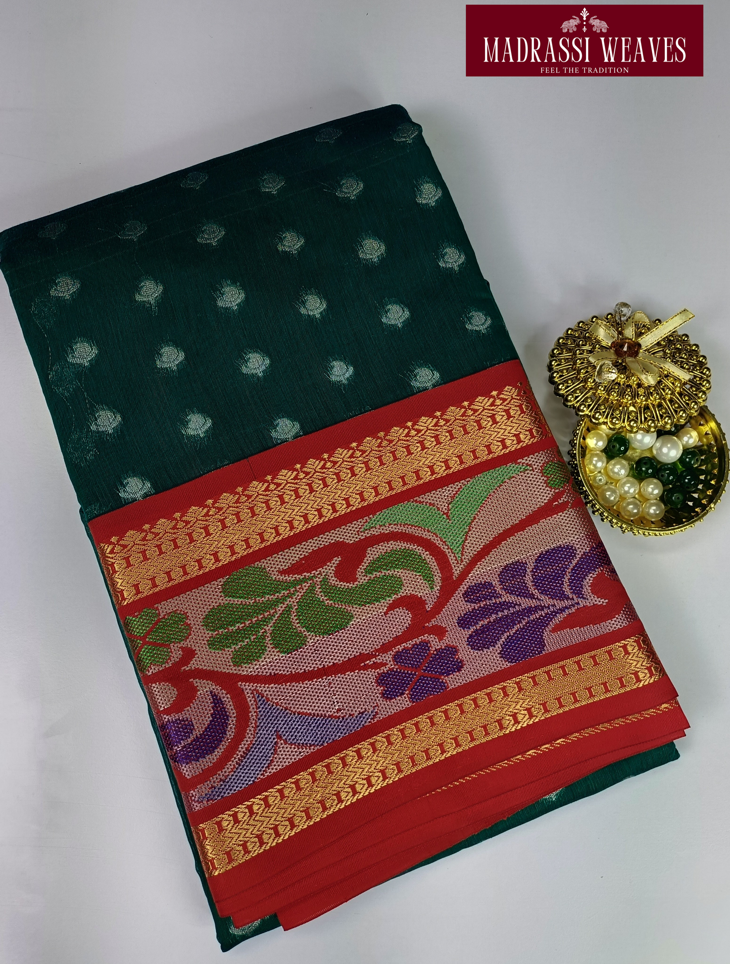 • Fabric: - Premium Cotton • Saree Length: 5.5 mts • Blouse: - Attached (0.8 mts) • Weight: - Approx 500g