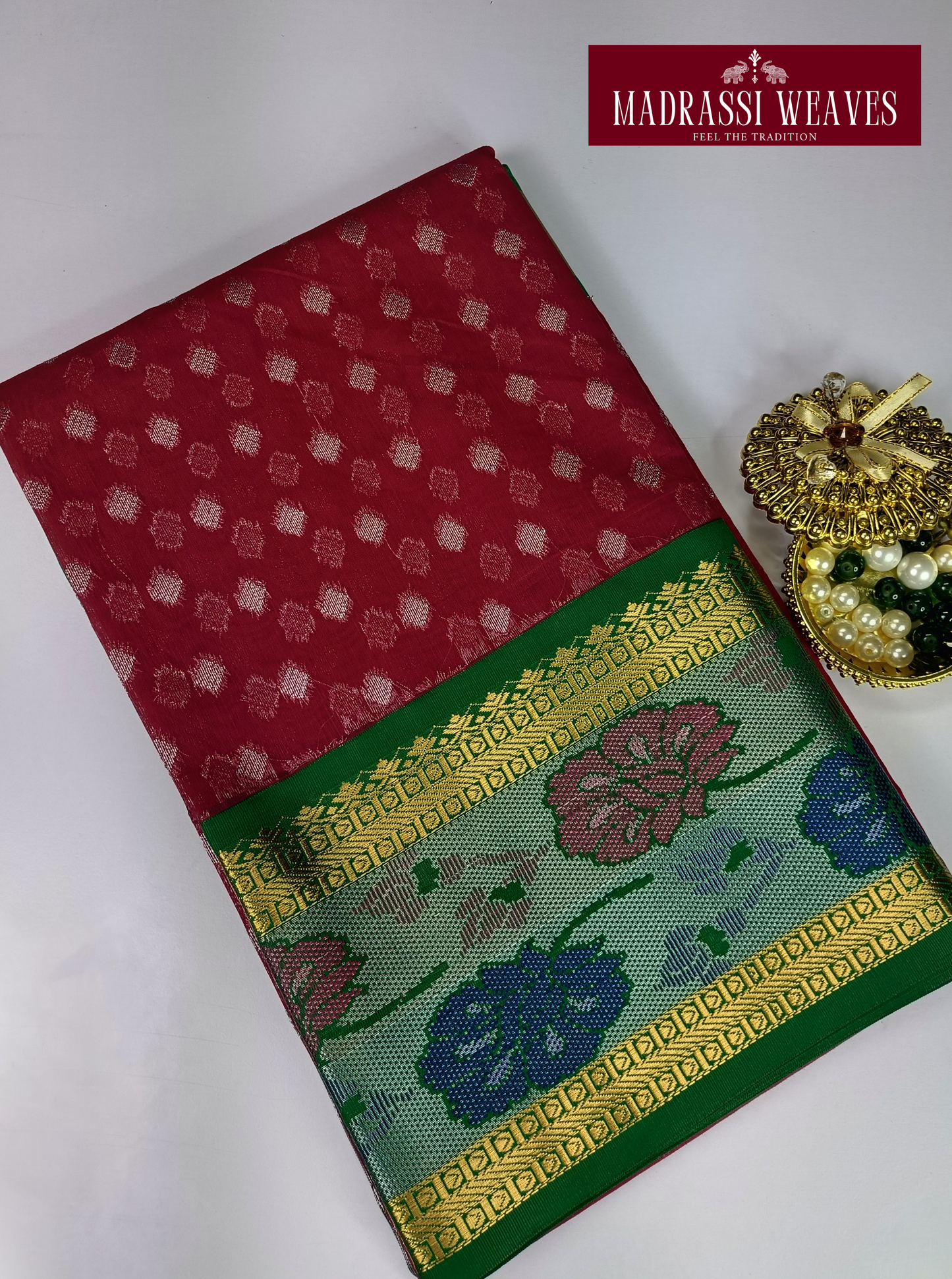 • Fabric: - Premium Cotton • Saree Length: 5.5 mts • Blouse: - Attached (0.8 mts) • Weight: - Approx 500g