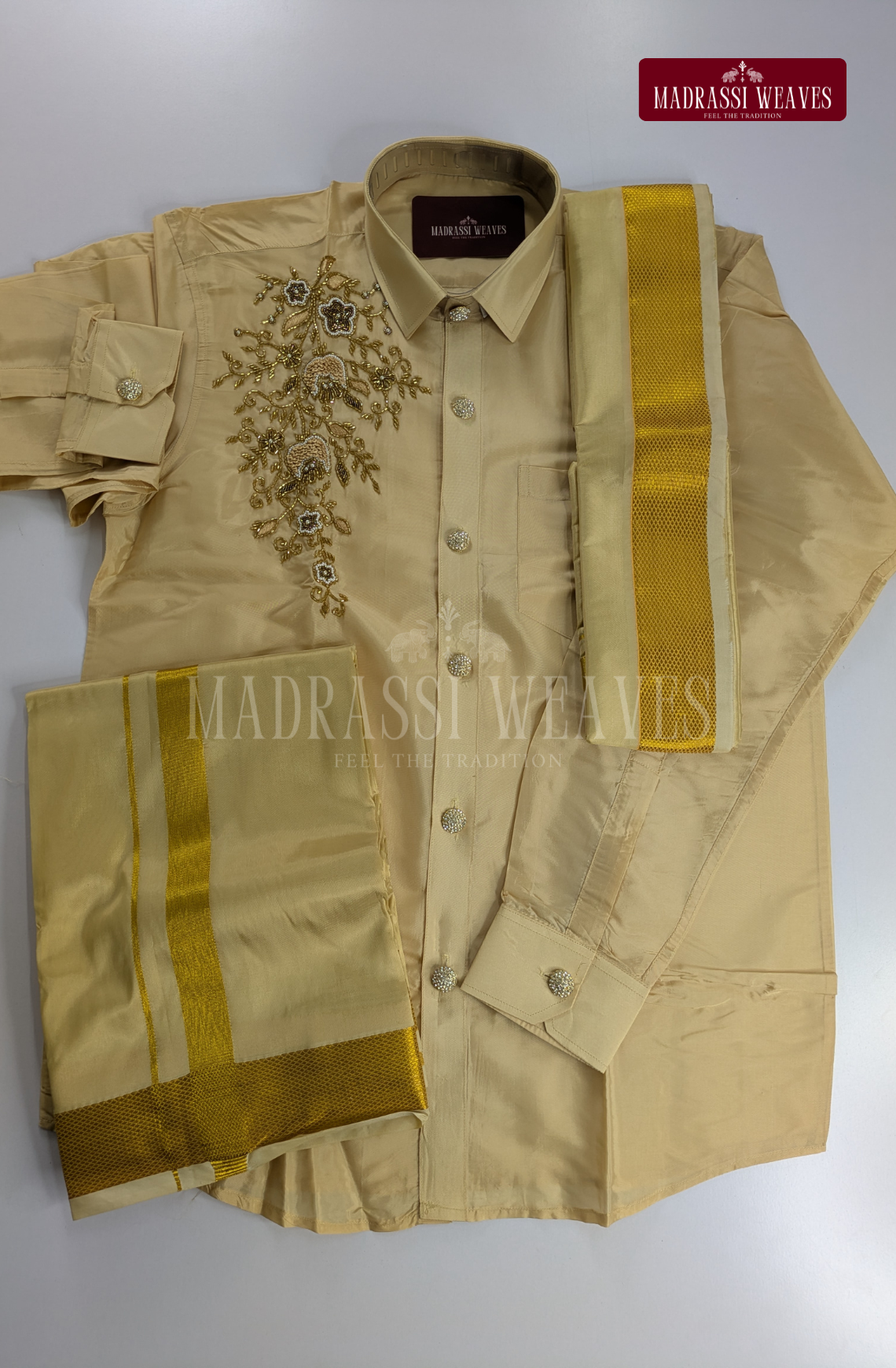 Luxury Aari Work Wedding Silk Dhoti Set 6 (HandCrafted) -(DESPATCH TIME 15 DAYS)