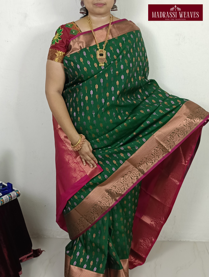 Fabric: SEMI SILK Colour: GREEN Weight: 600GMS Saree length:5.5mts blouse attached:0.8mts