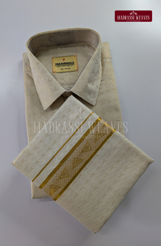 Wedding Zari Brocade  Shirt and Dhoti Set - Rose Gold