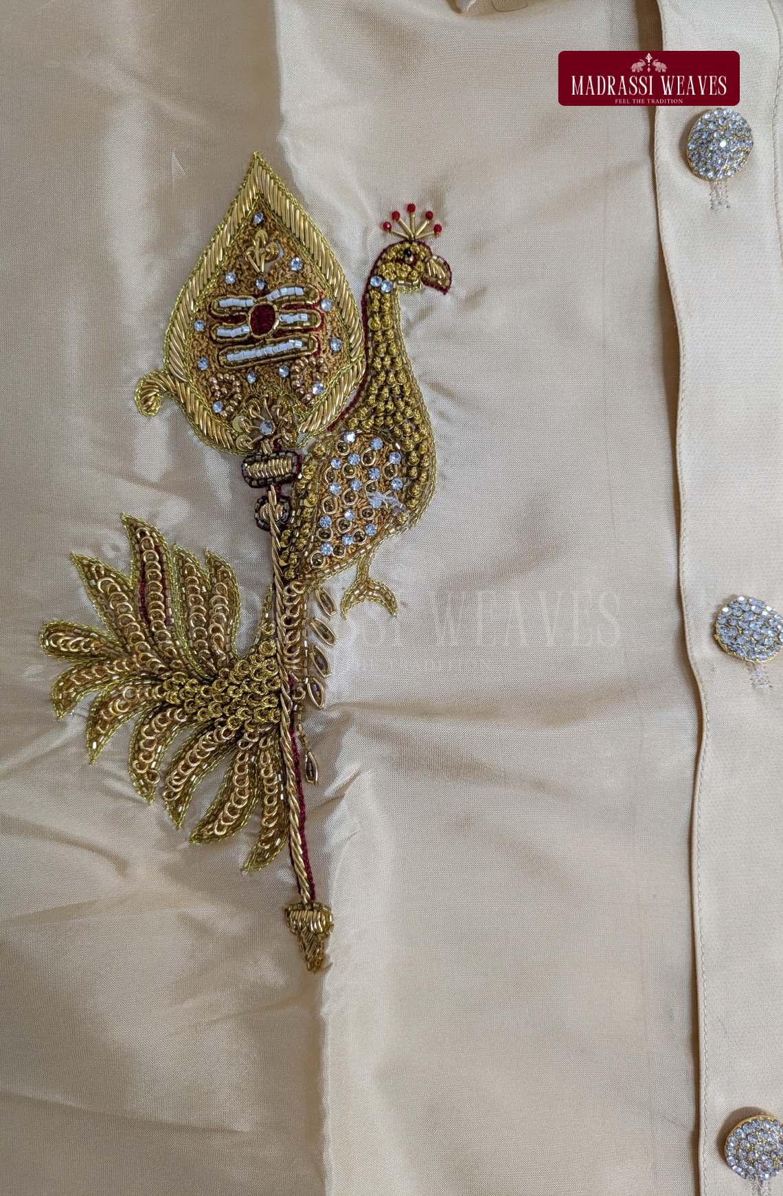 Aari Work Men's Shirt Only Vel & Mayil (Hand Crafted) - (DESPATCH TIME 15 DAYS)- BEIGE
