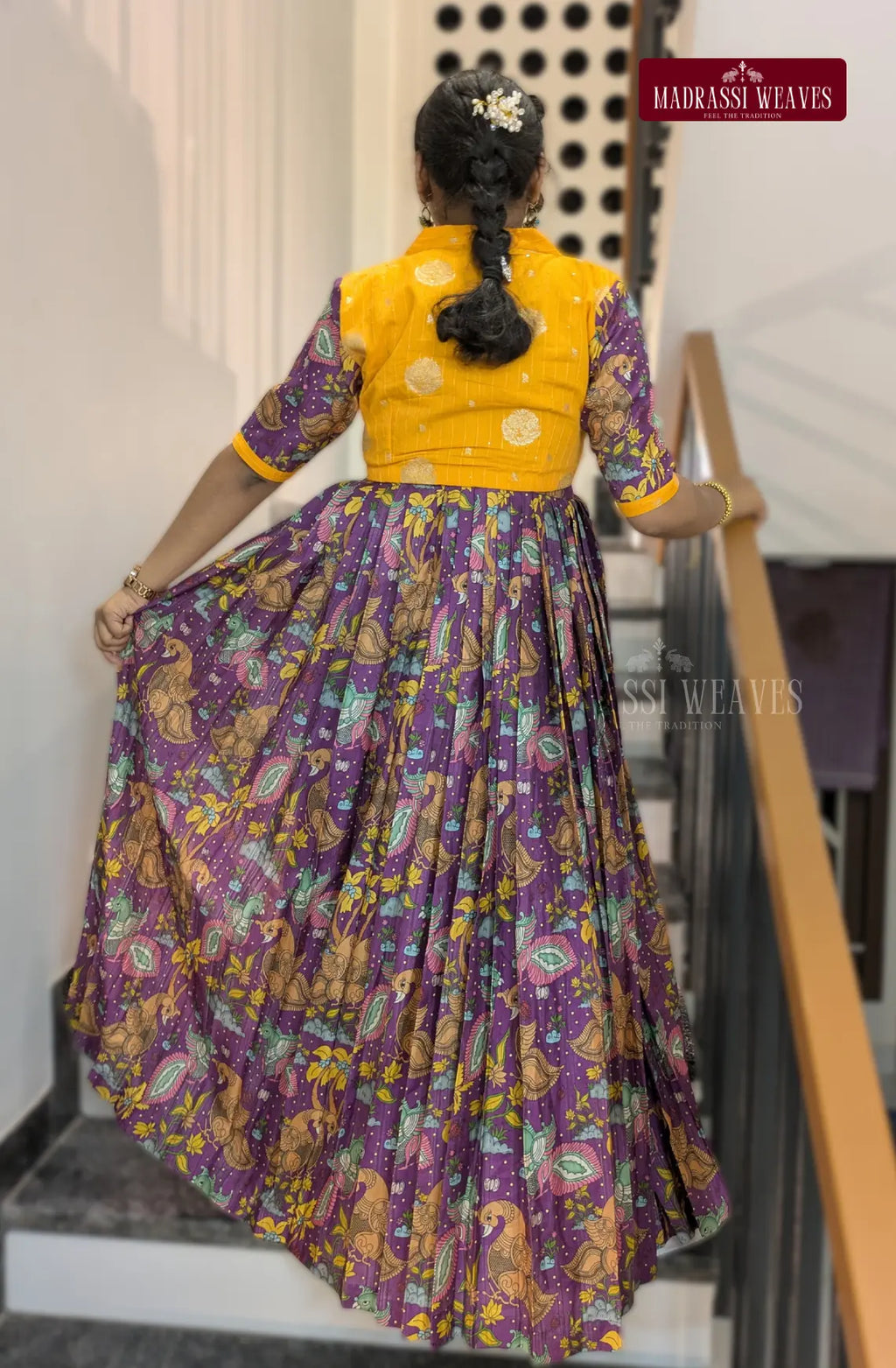 Western Style Kalamkari Gown With Crop Top Jacket - Purple &Yellow