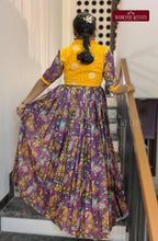 Western Style Kalamkari Gown With Crop Top Jacket - Purple &Yellow