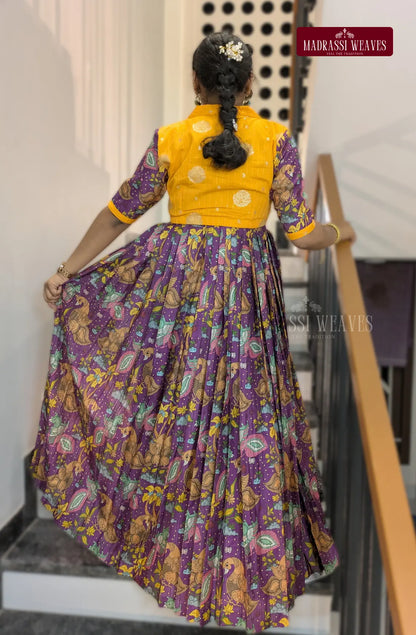 Western Style Kalamkari Gown With Crop Top Jacket - Purple &Yellow