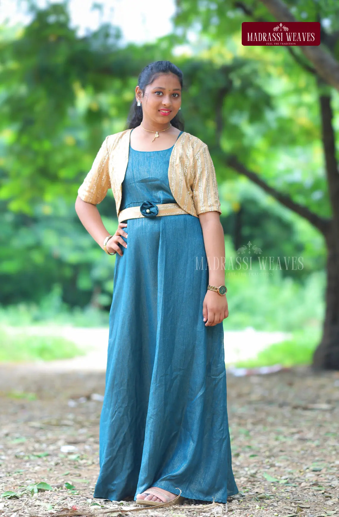 Western Style Shimmer Girl's Dress  - Emerald Elegance