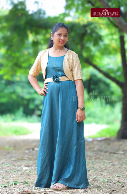 Western Style Shimmer Girl's Dress  - Emerald Elegance