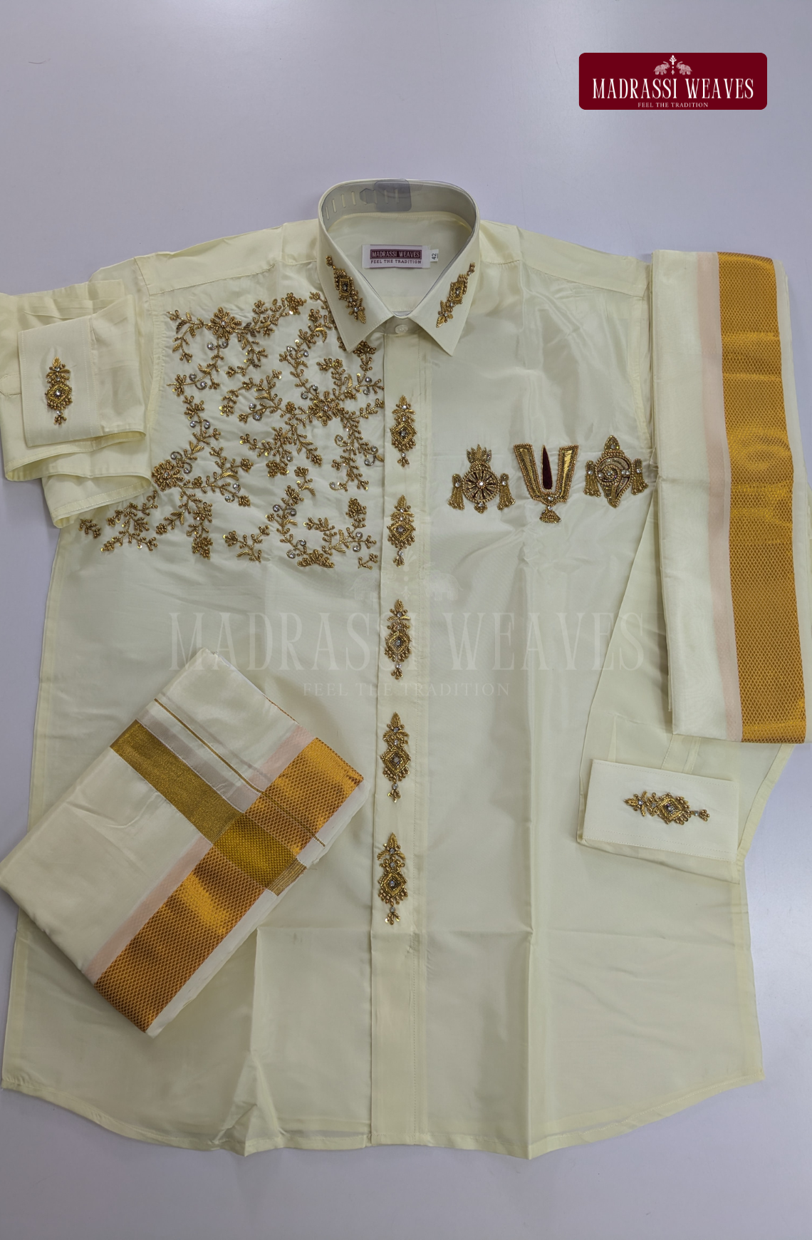Luxury Aari Work Wedding Silk Dhoti Set (HandCrafted) -(DESPATCH TIME 15 DAYS) - Off White