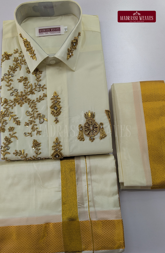 Luxury Aari Work Wedding Silk Dhoti Set (HandCrafted) -(DESPATCH TIME 15 DAYS) - Off White