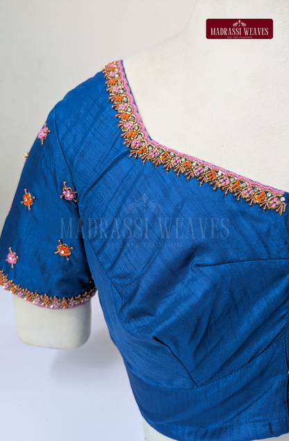 Premium Zardosi & Thread Aari Work Blouse(HANDCRAFTED)-(DESPATCH TIME 15 DAYS)- Royal Blue