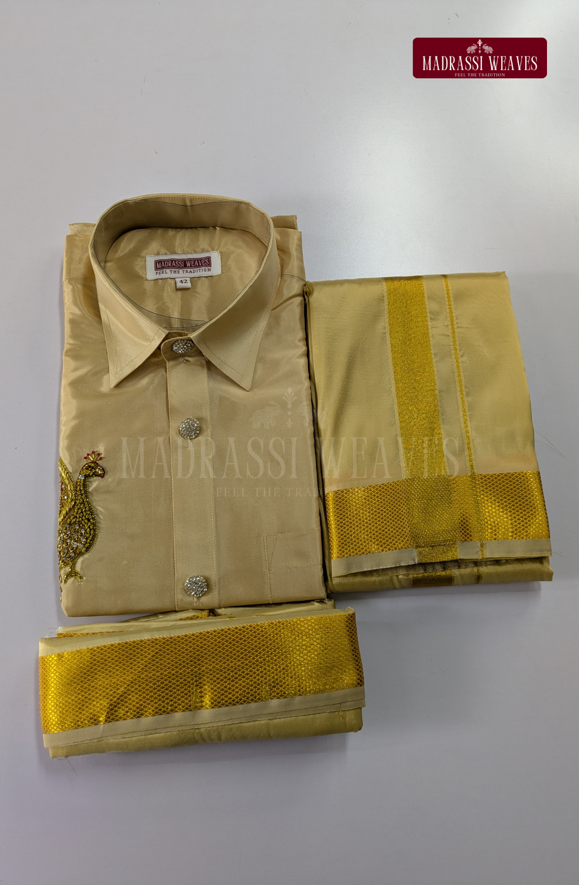 Luxury Vel & Mayil Aari Work Wedding Silk Dhoti Set (HandCrafted) -(DESPATCH TIME 15 DAYS) - BEIGE