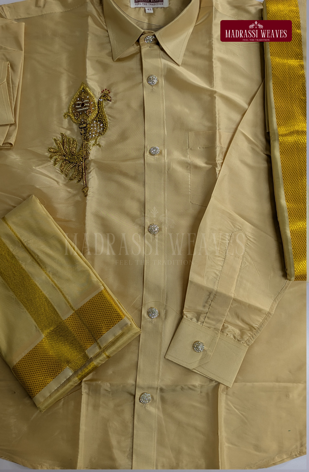 Luxury Vel & Mayil Aari Work Wedding Silk Dhoti Set (HandCrafted) -(DESPATCH TIME 15 DAYS) - BEIGE