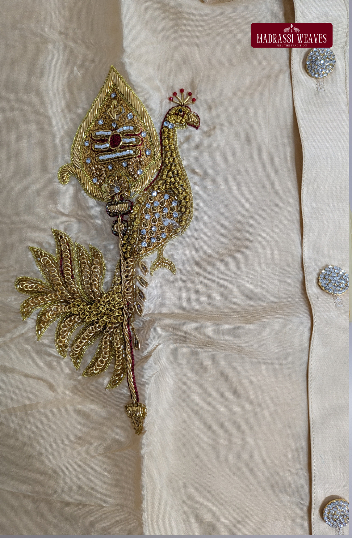 Luxury Vel & Mayil Aari Work Wedding Silk Dhoti Set (HandCrafted) -(DESPATCH TIME 15 DAYS) - BEIGE